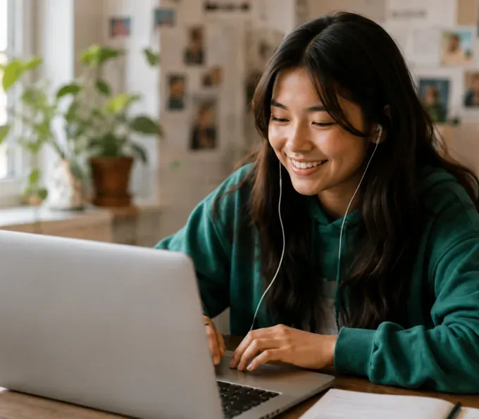 A teenager working on a laptop with earbuds in, smiling