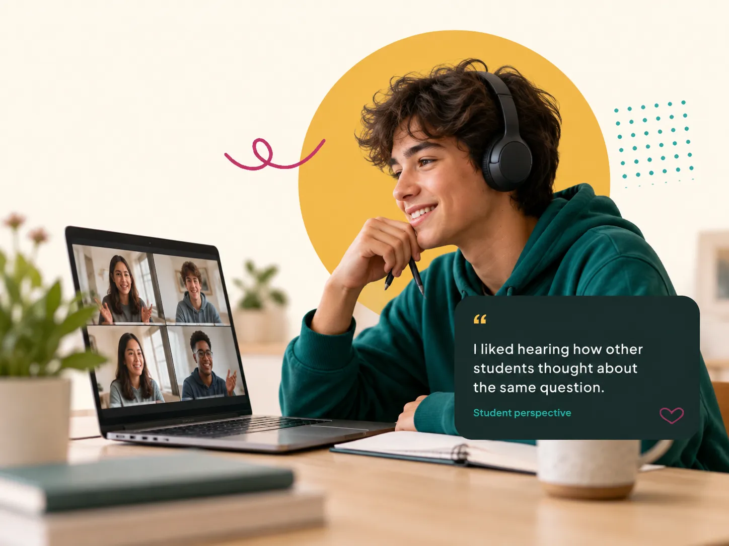 A teen in headphones joins a live online class with other students on a laptop