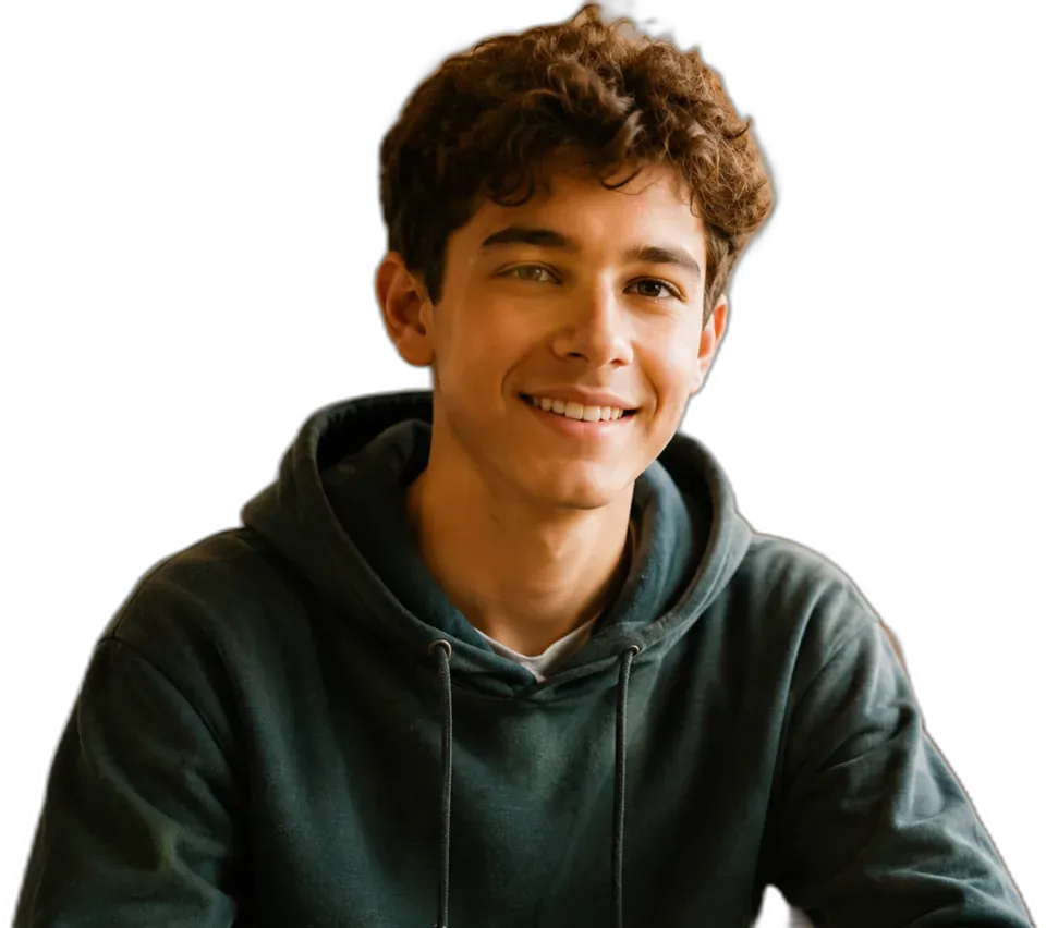 A teenager in a dark hoodie smiling and looking ahead