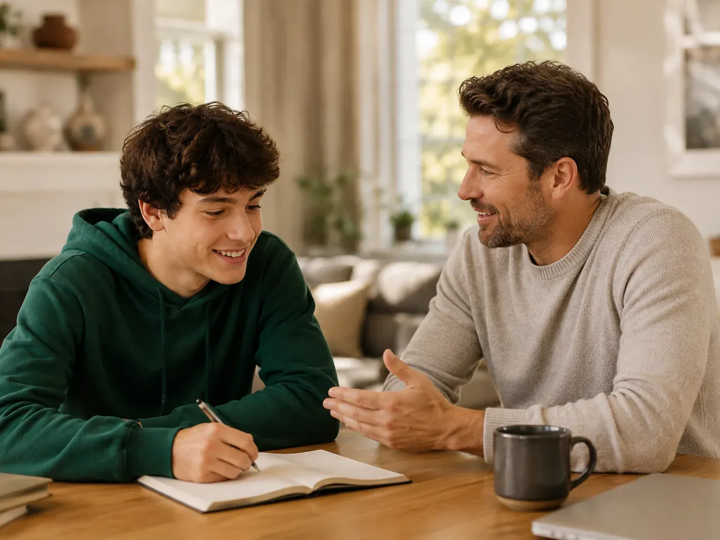 A teen talking with a Yonder Coach while working in a notebook