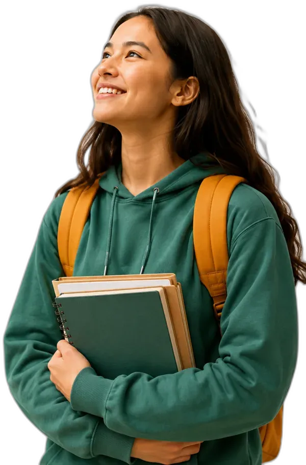 A teenager in a teal hoodie holding notebooks