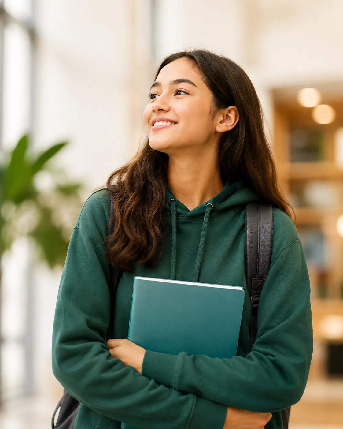 Teenager smiling with a notebook and backpack