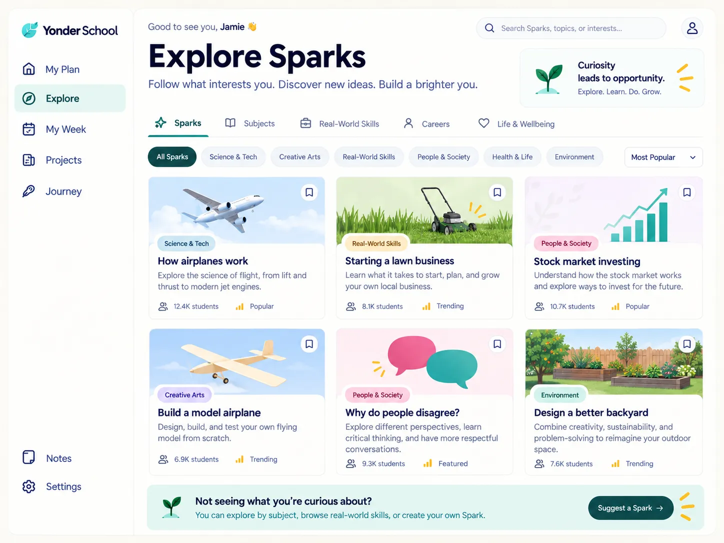 Yonder Plan Explore Sparks screen with browsable Sparks, interest categories, and individual Spark cards